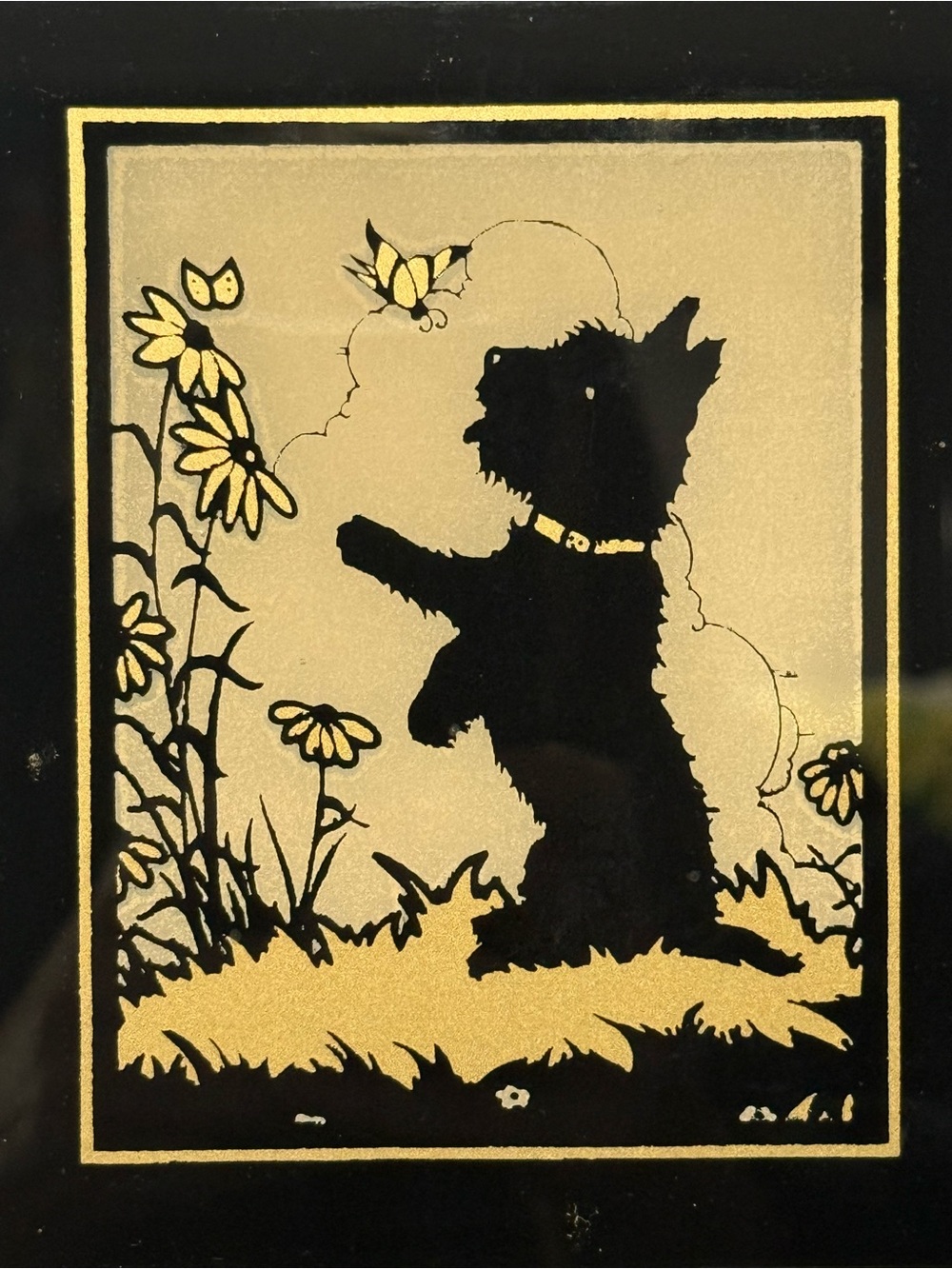 VTG RELIANCE Black & Gold Reverse Painting of a Scottie Dog w/Butterfly Framed - Picture 3 of 8